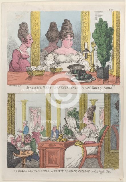 Madame Very Restauranteur, Palais Royal Paris and La Belle Liminaudiere au Caffee De Mille..., 1814. Creator: Thomas Rowlandson.