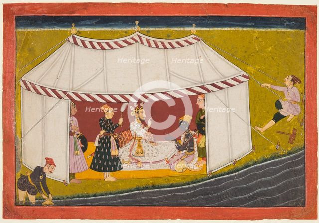 Madhava in a tent before a ruler, from a Madhavanala Kamakandala series, c. 1700. Creator: Unknown.