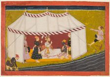 Madhava in a tent before a ruler, from a Madhavanala Kamakandala series, c. 1700. Creator: Unknown