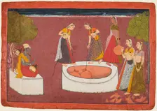 Madhava plays his vina before five women drawing water from a well, from a Madhavanala..., c. 1700. Creator: Unknown