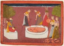 Madhava plays his vina before five women drawing water from a well, from a Madhavanala..., c. 1700. Creator: Unknown