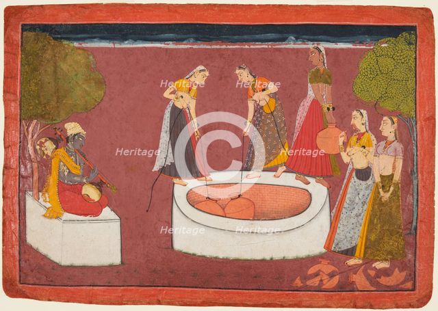 Madhava plays his vina before five women drawing water from a well, from a Madhavanala..., c. 1700. Creator: Unknown.