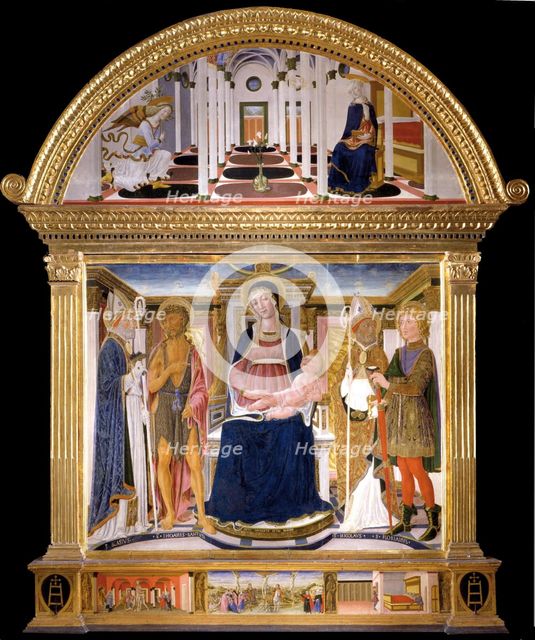 Madonna with Child and Saints Blaise, John the Baptist, Nicholas and Florian. The Annunciation, 1462. Artist: Lorenzo di Pietro (Vecchietta) (1410-1480)