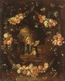 Madonna with the Child and St Ildephonsus Framed with a Garland of Flowers, 1650. Creator: Jan van Kessel