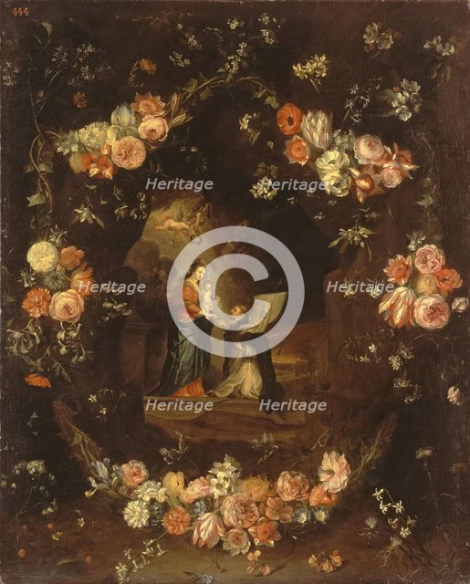 Madonna with the Child and St Ildephonsus Framed with a Garland of Flowers, 1650. Creator: Jan van Kessel.