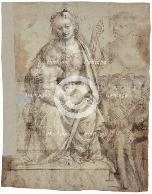 Madonna and Child, a Warrior Saint (Michael?), and a Group of Worshippers, 1565/70. Creator: Bernardino Lanino.
