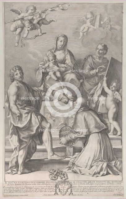 Madonna and Child at center with Saint John the Baptist, Saint Luke, Pope Peter Celestini,..., 1694. Creator: Robert van Audenaerde.