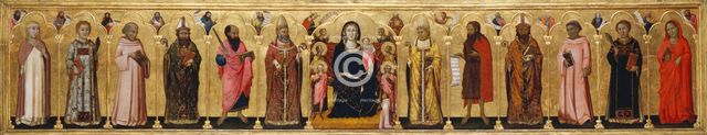 Madonna and Child Enthroned with Angels,Twelve Saints, Prophets, and the Donor, 1330. Creator: Meo da Siena.