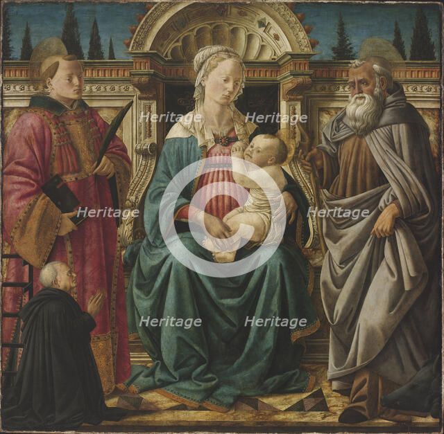 Madonna and Child Enthroned with Saint Lawrence, Saint Anthony Abbot and Canon..., c1470. Creator: Fra Diamante (c. 1430?c. 1492).