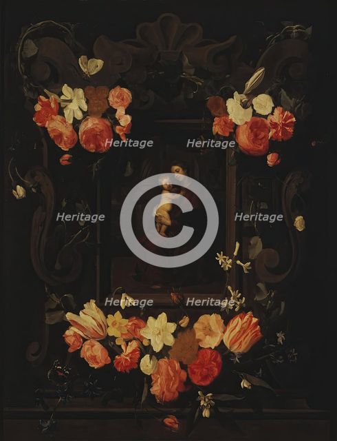 Madonna and Child Framed a Garland of Flowers, 1644. Creator: Erasmus Quellinus.