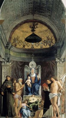 Madonna and Child, musical angels and the Saints Francis, John the Baptist, Job, Dominic..., ca 1487 Creator: Bellini, Giovanni (1430-1516)