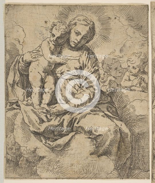 Madonna and Child seated on clouds and surrounded by angels, copy in reverse a..., ca.1639 or after. Creator: Unknown.