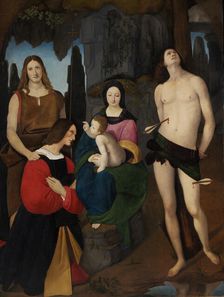 Madonna and Child with Saint John the Baptist, Saint Sebastian and Donor Bassiano Da Ponte, c.1508. Creator: Boltraffio, Giovanni Antonio (1467-1516)