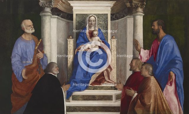 Madonna and Child with Saints Peter and Mark and Three Venetian Procurators, 1510. Creator: Giovanni Bellini.