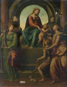 Madonna and Child, with Sts Barbara, Francis, Dominic, Archangel Raphael and Tobias, 1550. Creator: Innocenzo da Imola