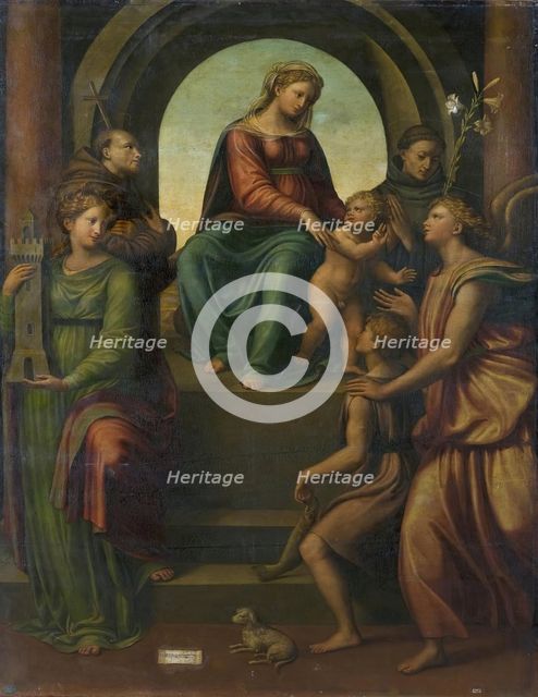 Madonna and Child, with Sts Barbara, Francis, Dominic, Archangel Raphael and Tobias, 1550. Creator: Innocenzo da Imola.