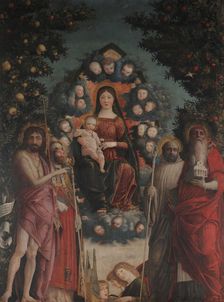 Madonna in glory with Saint John the Baptist, Saint Gregory the Great, Saint Benedict and..., 1497. Creator: Mantegna, Andrea (1431-1506)