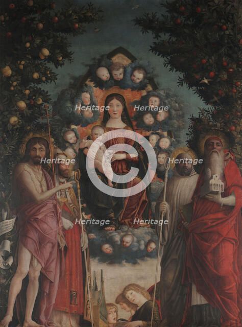Madonna in glory with Saint John the Baptist, Saint Gregory the Great, Saint Benedict and..., 1497. Creator: Mantegna, Andrea (1431-1506).