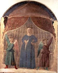 Madonna of Birth painting by Piero della Francesca, fresco in the cemetery of Monterchi