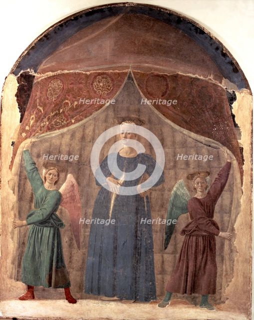 Madonna of Birth' painting by Piero della Francesca, fresco in the cemetery of Monterchi.