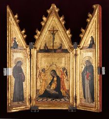 Madonna of Humility Crowned by Two Angels, Saints Francis and Dominic, Annunciation and...c1430-40. Creator: Vecchietta