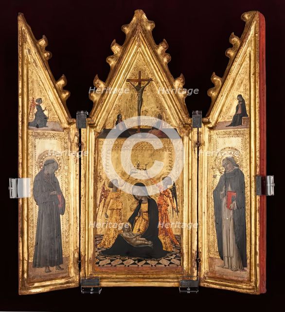 Madonna of Humility Crowned by Two Angels, Saints Francis and Dominic, Annunciation and...c1430-40. Creator: Vecchietta.