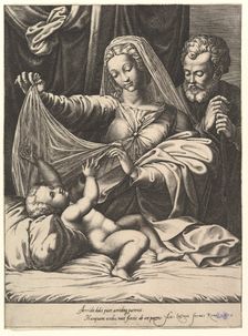 Madonna of Loreto, the Virgin lifts a veil above the Child, who lies on a bed and pillow..., 1575. Creator: Giorgio Ghisi