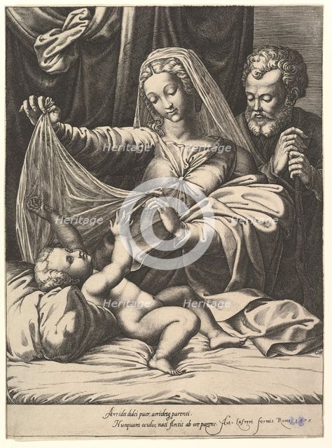 Madonna of Loreto, the Virgin lifts a veil above the Child, who lies on a bed and pillow..., 1575. Creator: Giorgio Ghisi.