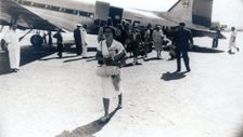 Madrid. Barajas Airport. Arrival of an airliner, 1940s