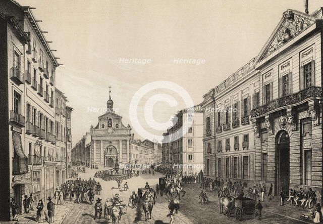 Madrid, Puerta del Sol in 1842, engraving 1870.