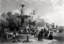 Madrid, scene and fountain with people walking, English engraving from 1880