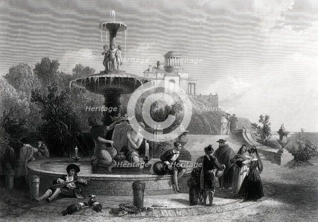 Madrid, scene and fountain with people walking, English engraving from 1880.