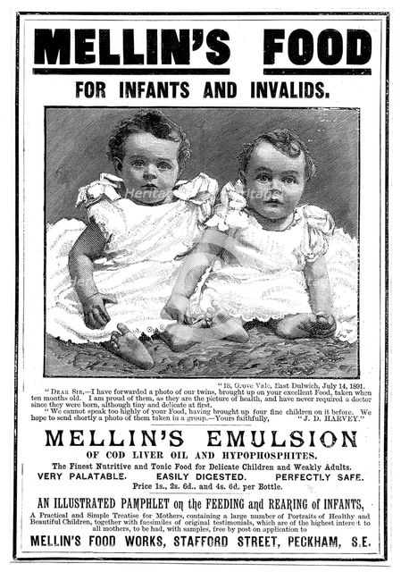 Magazine advertisement for Mellin's Emulsion, a food supplement based on cod liver oil, c1890. Artist: Unknown
