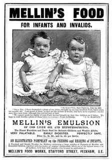 Magazine advertisement for Mellin's Emulsion, a food supplement based on cod liver oil, c1890