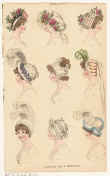 Magazine of Female Fashions of London and Paris, April 1800, London Head Dresses, 1800. Creator: Unknown
