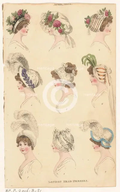 Magazine of Female Fashions of London and Paris, April 1800, London Head Dresses, 1800. Creator: Unknown.