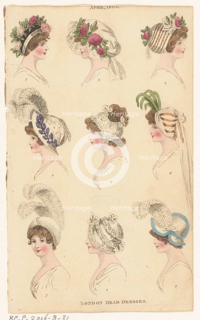 Magazine of Female Fashions of London and Paris, April 1800, London Head Dresses, 1800. Creator: Unknown.