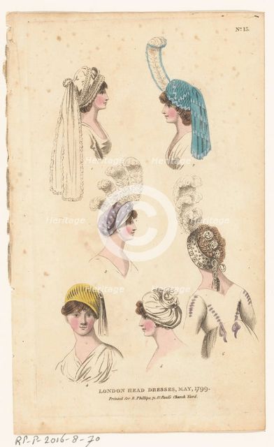 Magazine of Female Fashions of London and Paris, No. 15: London Head Dresses, May, 1799, 1799. Creator: Unknown.