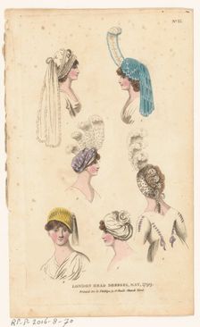 Magazine of Female Fashions of London and Paris, No. 15: London Head Dresses, May, 1799, 1799. Creator: Unknown