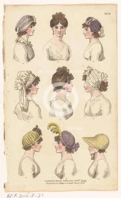 Magazine of Female Fashions of London and Paris. No. 19: London head dresses, Sept. 1799, 1799. Creator: Unknown.