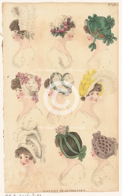 Magazine of Female Fashions of London and Paris, No.28: London Head Dresses, 1798-1806. Creator: Unknown.