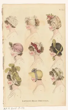 Magazine of Female Fashions of London and Paris, No.31.2, London Head Dresses, 1798-1806. Creator: Unknown