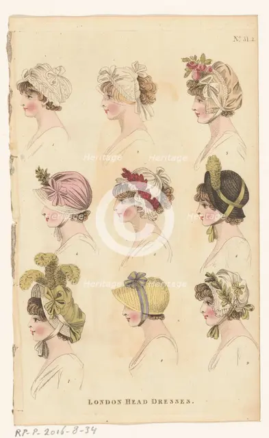 Magazine of Female Fashions of London and Paris, No.31.2, London Head Dresses, 1798-1806. Creator: Unknown.