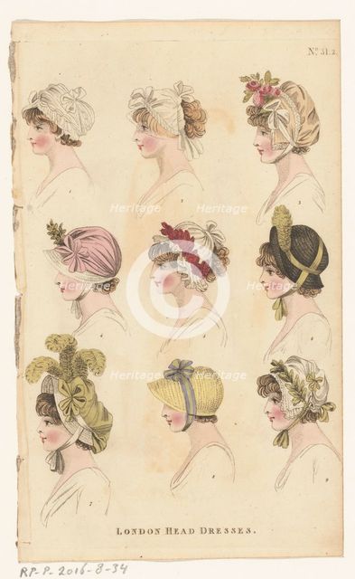 Magazine of Female Fashions of London and Paris, No.31.2, London Head Dresses, 1798-1806. Creator: Unknown.