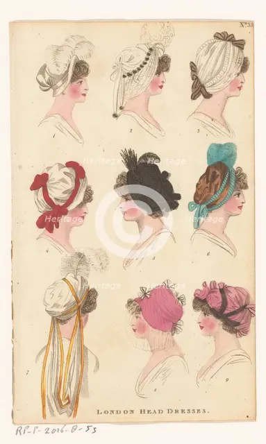 Magazine of Female Fashions of London and Paris, No. 33: London Head Dresses., 1798-1806. Creator: Unknown.