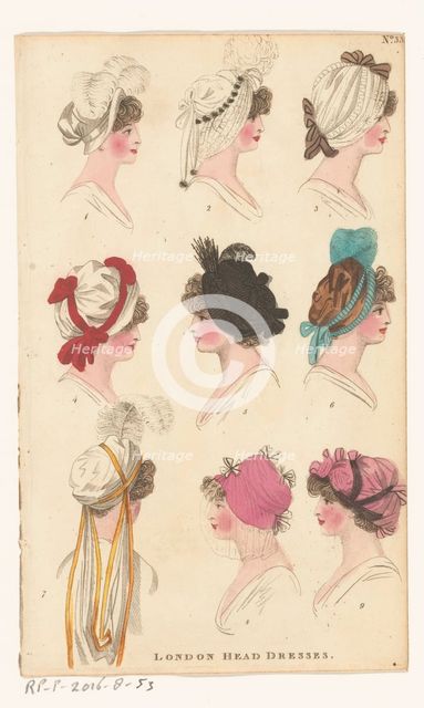 Magazine of Female Fashions of London and Paris, No. 33: London Head Dresses., 1798-1806. Creator: Unknown.