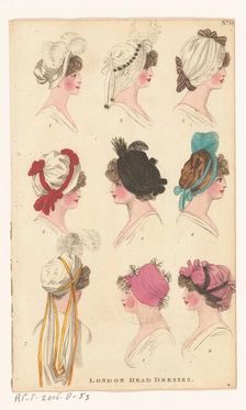 Magazine of Female Fashions of London and Paris, No. 33: London Head Dresses., 1798-1806. Creator: Unknown