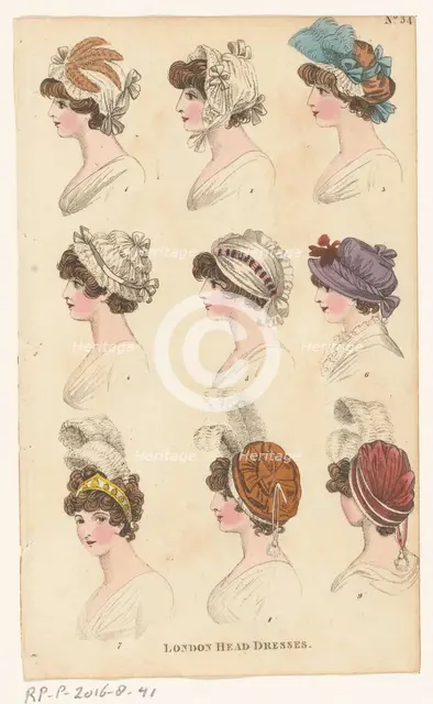 Magazine of Female Fashions of London and Paris, No.34. (?). London Head Dresses, 1798-1806. Creator: Unknown.
