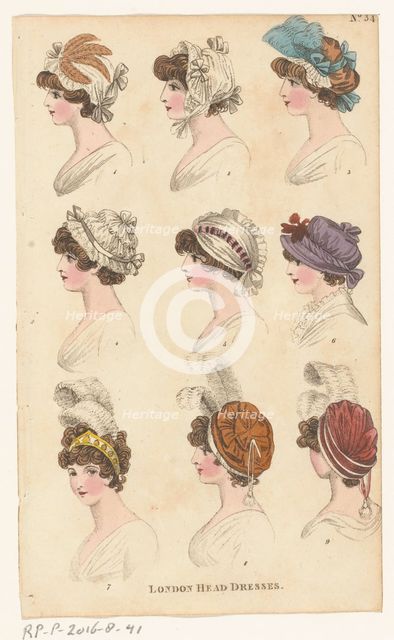 Magazine of Female Fashions of London and Paris, No.34. (?). London Head Dresses, 1798-1806. Creator: Unknown.