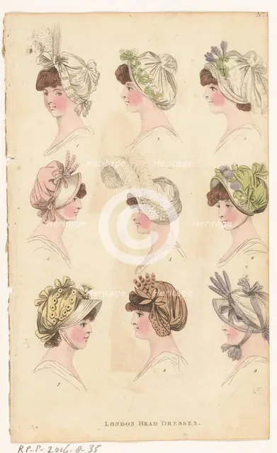 Magazine of Female Fashions of London and Paris, No. ?: London Head Dresses, 1798-1806. Creator: Unknown.
